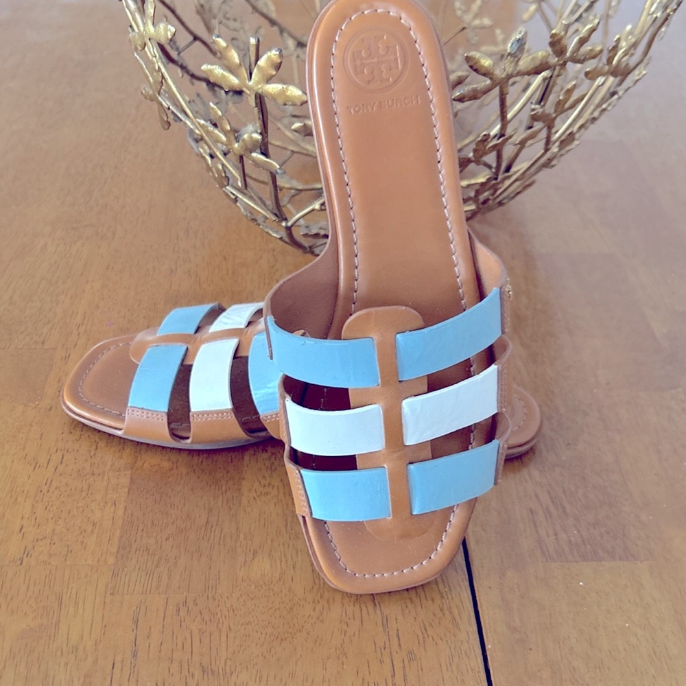 TORY BURCH FISHERMAN MILLER CALF LEATHER SLIDE SANDAL AMBRA/ NORTHERN BLUE 7.5